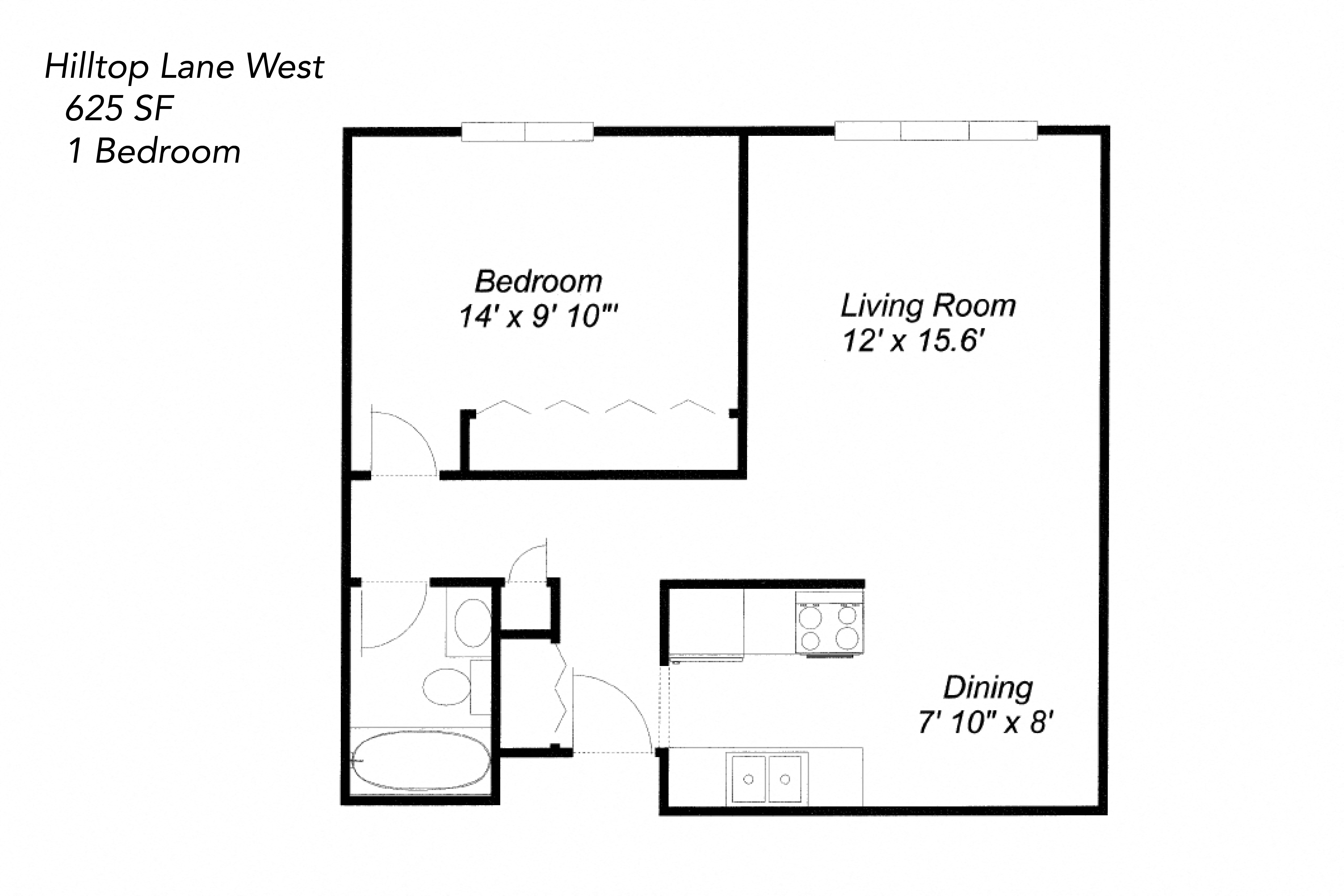Floor plan for 1 bed, 1 bath, 625 sqft